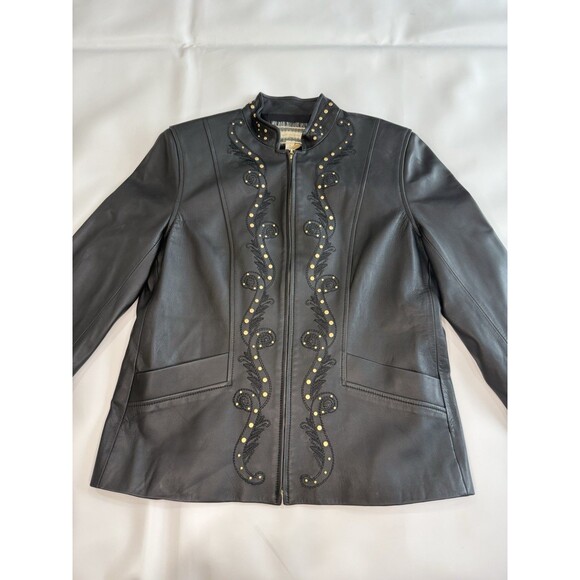 ST. JOHN Black Lamb Leather Gold Studded Embellished Jacket Sz Small Lined - Picture 2 of 13